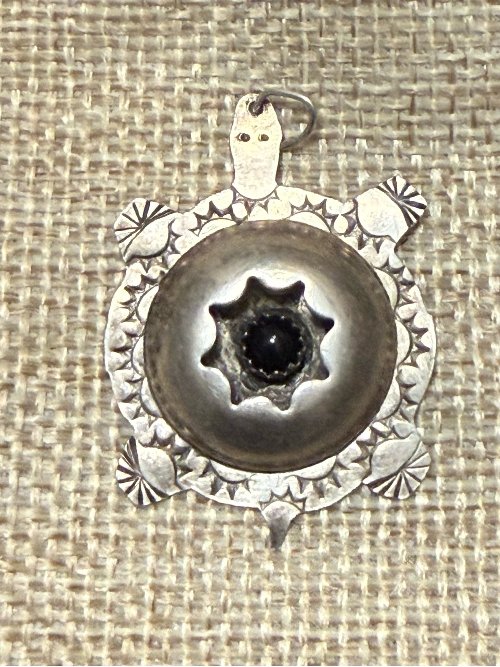 Handcrafted Southwestern Stamped Black Onyx Sterling Silver TURTLE Pendant
